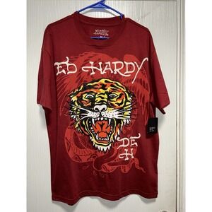 Ed By Ed‎ Hardy Men's T Shirt Tiger Print Wine Color Size M NWT